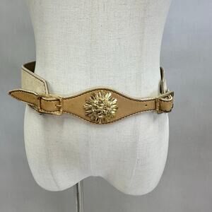Vintage Suede Leather Waist Belt w/ Gold Lion Medallion‎ Statement Size Large